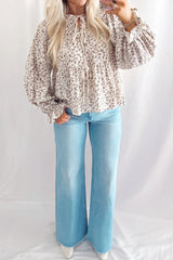 White Bow Tie Front Floral Print Flounce Sleeve Peplum Blouse