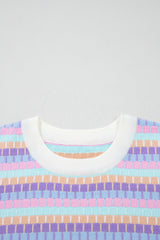 Rose Red Abstract Striped Knit Short Sleeve Sweater