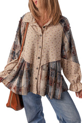 Mist Green Boho Floral Plaid Patchwork Waffle Knit Distressed Jacket