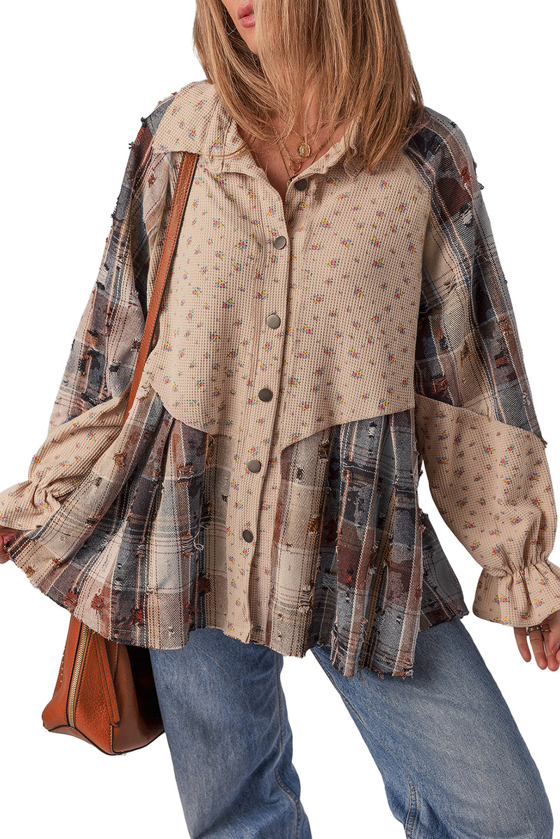 Mist Green Boho Floral Plaid Patchwork Waffle Knit Distressed Jacket