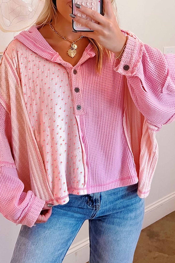 Pink Mixed Texture Waffle Floral Patchwork Hooded Oversized Pullover Top