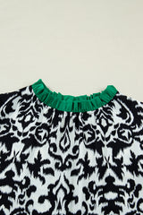 Black Damask Print Ruffled Color Block Detail Half Sleeve Blouse