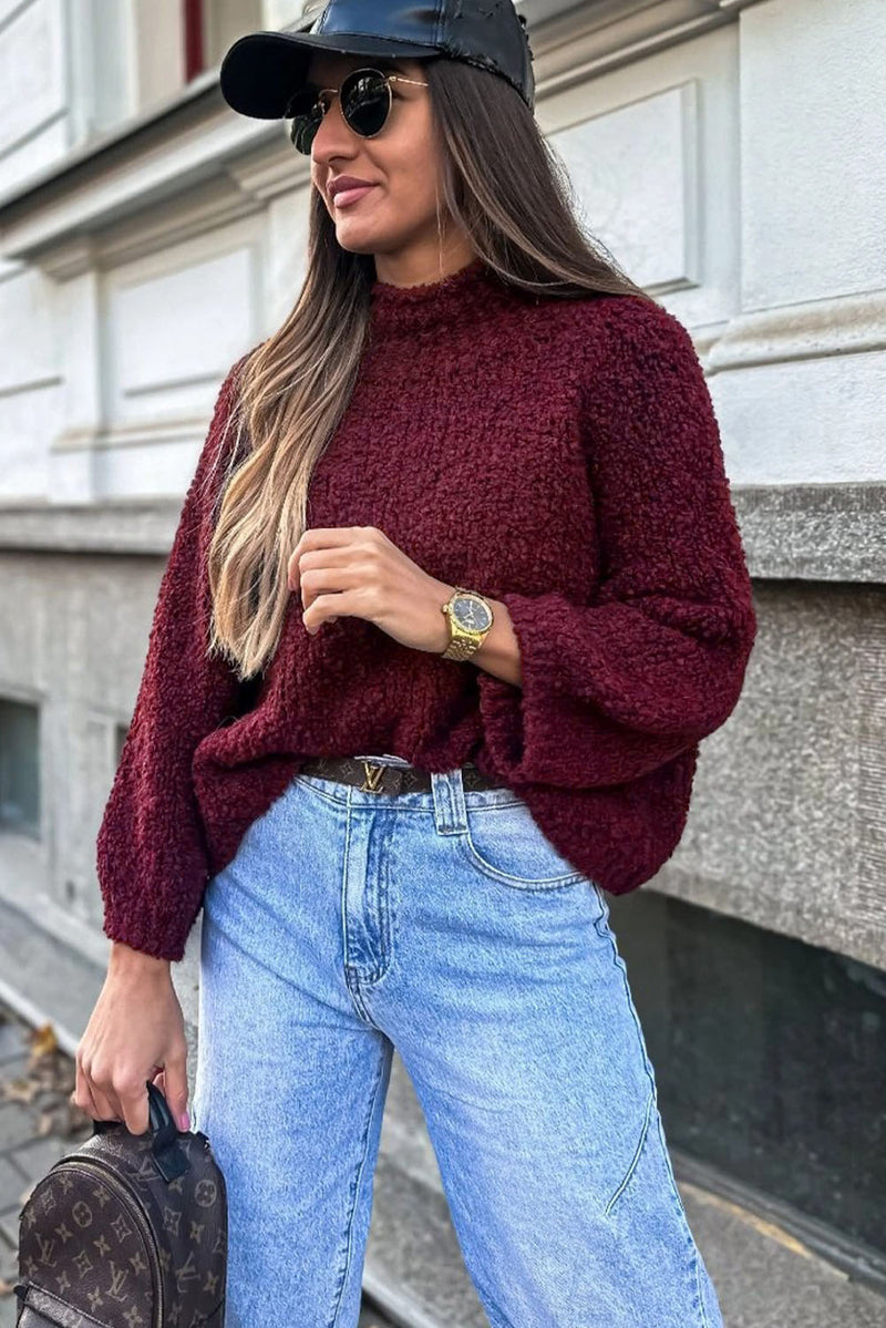 Burgundy Popcorn Mock Neck Solid Sweater