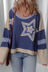 Dark Blue Knitted Colorblock Patchwork Star Patched Long Sleeve Top