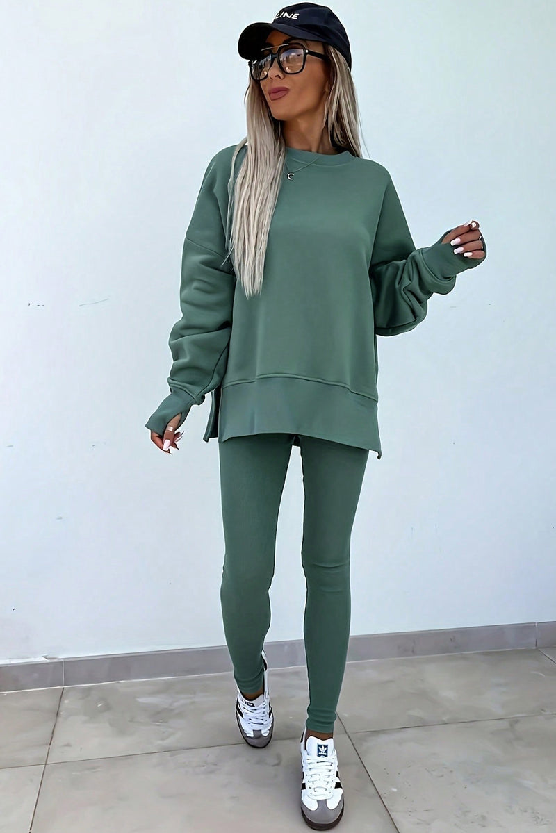 Orchid Mist Solid Color Oversized Slit Sweatshirt Ribbed Leggings Set