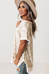Khaki Leopard Print V Neck Side Slit Loose Fit T-Shirt