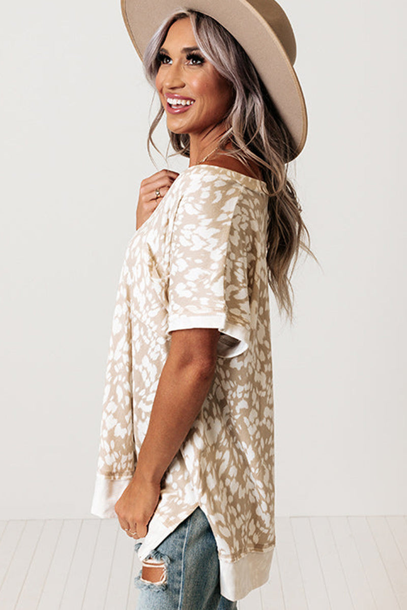 Khaki Leopard Print V Neck Side Slit Loose Fit T-Shirt