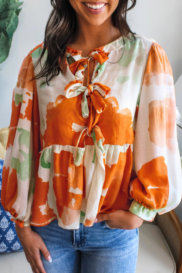 Carrot Abstract Print Bubble Sleeve Bow Front Top