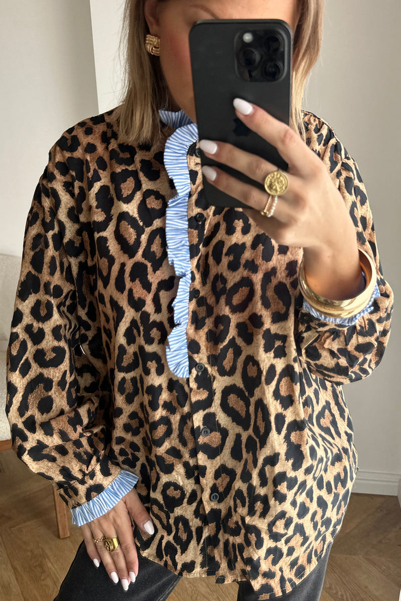Brown Leopard Print Striped Frill Neck Button Long Sleeve Shirt