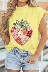 Yellow Faux Patchwork Strawberry Printed Mock Neck Tee