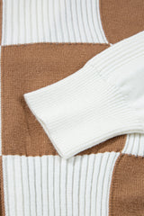 Khaki Checkered Pattern Button V Neck Ribbed Knit Cardigan