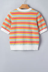 Rose Red Abstract Striped Knit Short Sleeve Sweater
