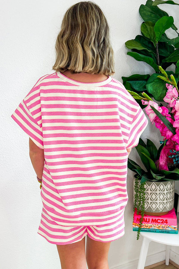 Rose Stripe Crew Neck T Shirt and Drawstring Shorts Set
