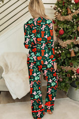 Green Christmas Bow Print Long Sleeve Pajama Set