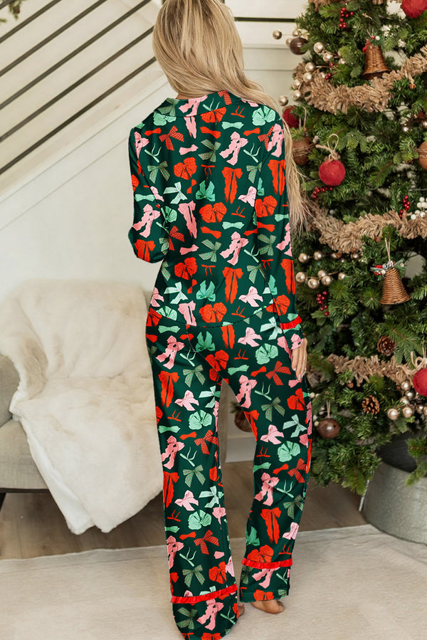Green Christmas Bow Print Long Sleeve Pajama Set