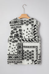 Beige Sherpa Paisley Print Pocketed Fashion Vest Jacket