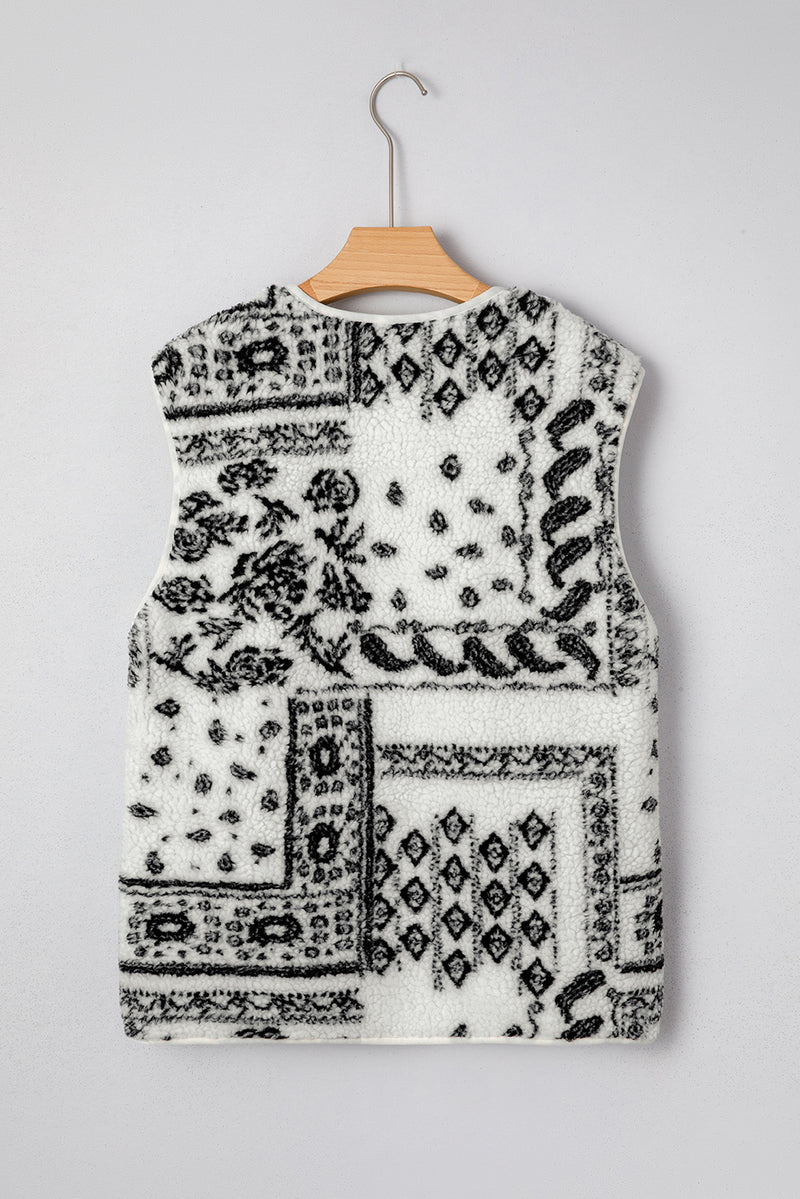Beige Sherpa Paisley Print Pocketed Fashion Vest Jacket