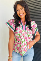 Red Floral Print Contrast Trim V Neck Double Ruffled Short Sleeve Blouse