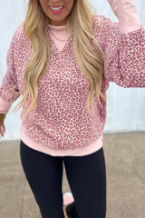 Pink Leopard Print Patchwork Crew Neck Sweatshirt