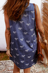 Sky Blue Bow Collared V Neck Sleeveless Denim Mini Dress with Pockets