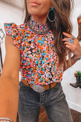 Orange Floral Print Smocked Neck Flutter Shoulder Blouse