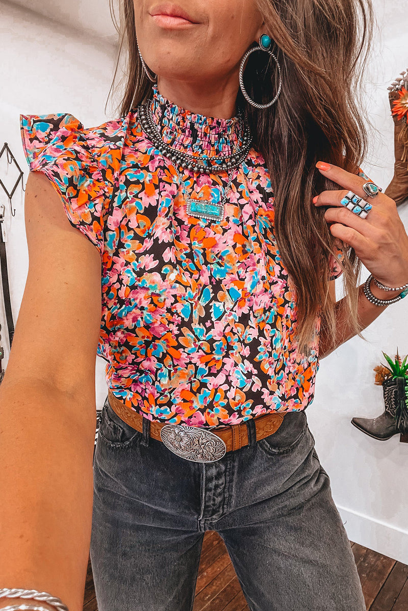 Orange Floral Print Smocked Neck Flutter Shoulder Blouse