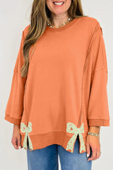 Grapefruit Orange Floral Bow Patched Exposed Seam Patchwork Slit Baggy Sweatshirt