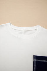 White Denim Patchwork Ribbed Round Neck Pullover Sweatshirt