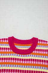 Rose Red Abstract Striped Knit Short Sleeve Sweater