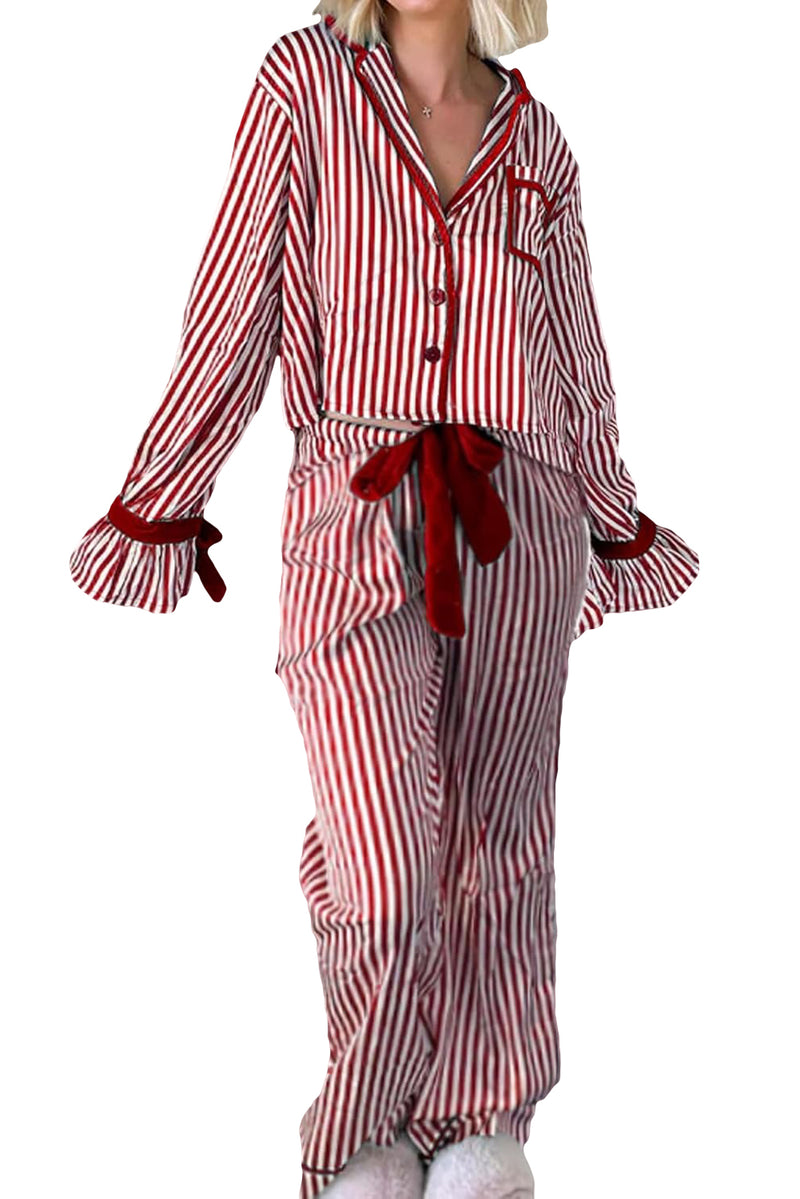 Red Striped Contrast Velvet Trim Knot Waist Pajama Set