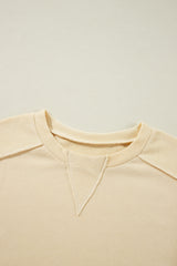 Beige Plain Exposed Seam Round Neck Pullover Sweatshirt