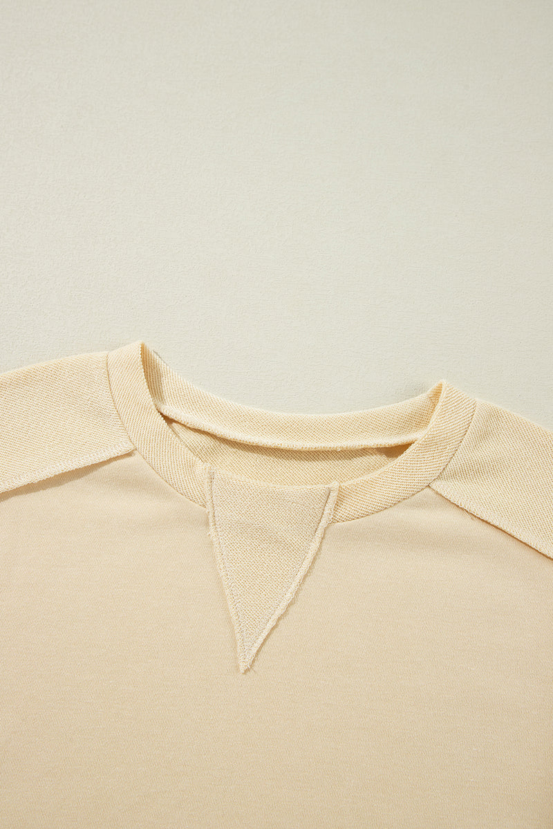 Beige Plain Exposed Seam Round Neck Pullover Sweatshirt