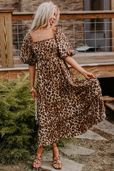 Brown Leopard Print Bubble Sleeve Ricrac Maxi Dress