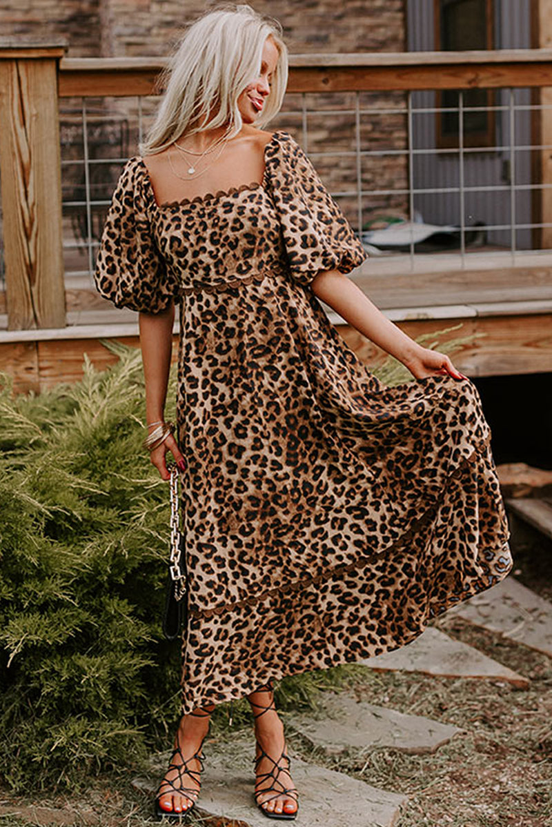 Brown Leopard Print Bubble Sleeve Ricrac Maxi Dress