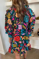 Green Flower Print Ruffle Trim V Neck Mini Dress