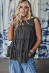 Dark Grey Tiered Frill Trim A-line Tank Top