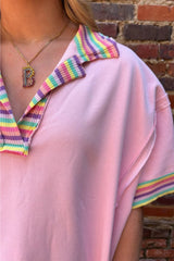 Pink Rainbow Stripe Ribbed Patchwork Raw Seam Oversize Polo Tee