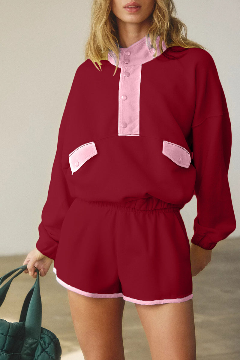 Black Colorblock Patchwork Half Button Pullover and Shorts Outfit