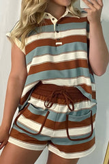 White Stripe Button Polo Collar Tee Drawstring Elastic Waist Patchwork 2pcs Short Set