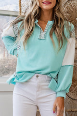 Aruba Blue Corded Texture Plaid Patchwork Split Neck Long Sleeve Top