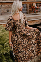 Brown Leopard Print Bubble Sleeve Ricrac Maxi Dress