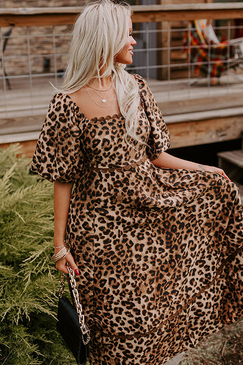 Brown Leopard Print Bubble Sleeve Ricrac Maxi Dress