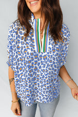 Sky Blue Leopard Color Block Contrast Striped V Neck Half Sleeve Loose Fit Blouse