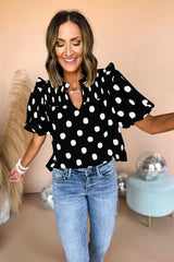 Apricot Polka Dot Print Smocked Notched Neck Balloon Sleeve Blouse