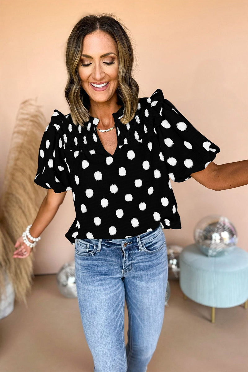 Apricot Polka Dot Print Smocked Notched Neck Balloon Sleeve Blouse