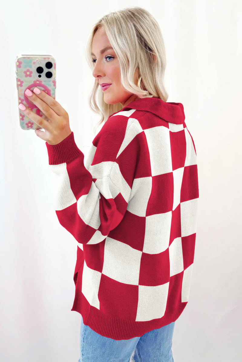 Sky Blue Checkered Button Collared Sweater