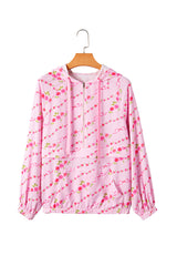 Pink Floral Print Half Zip Kangaroo Pouch Drawstring Hoodie