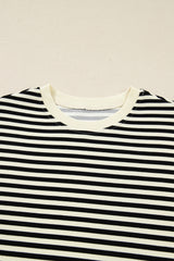 Black Stripe Textured Drop Shoulder Pullover Top Drawstring Mini Skirt Two Piece Dress Set