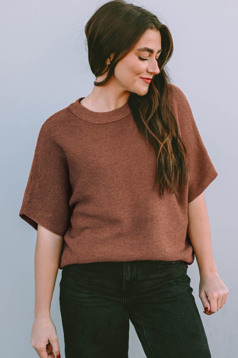 Coffee Mock Neck Short Batwing Sleeve Sweater