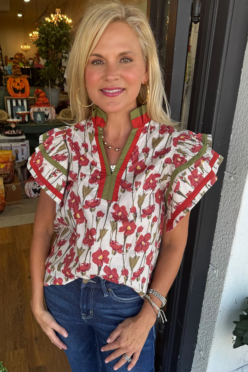 Red Floral Print Contrast Trim V Neck Double Ruffled Short Sleeve Blouse
